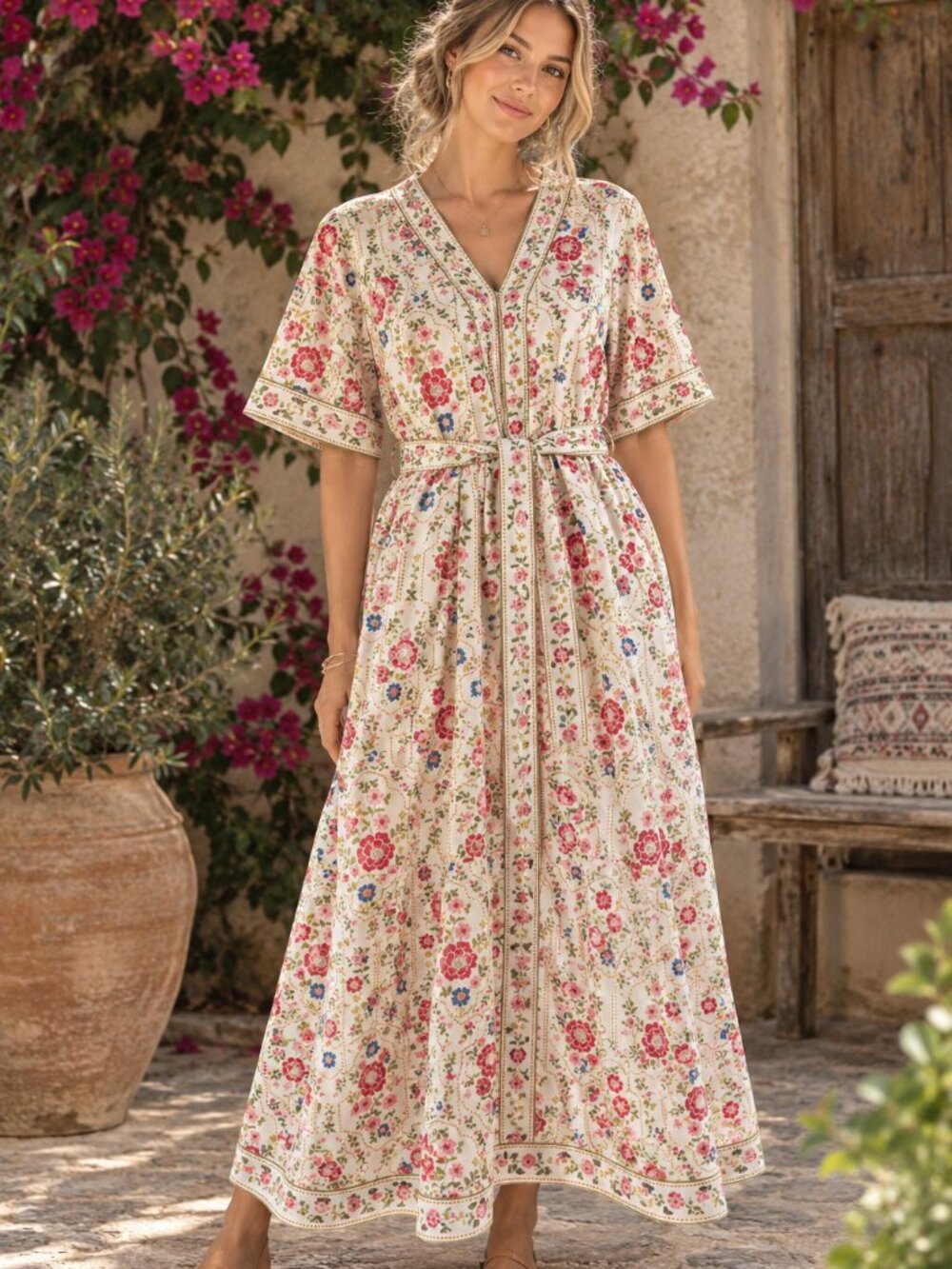 Polagram Cream Floral Short Sleeve V-Neck Tie-Waist Maxi Dress